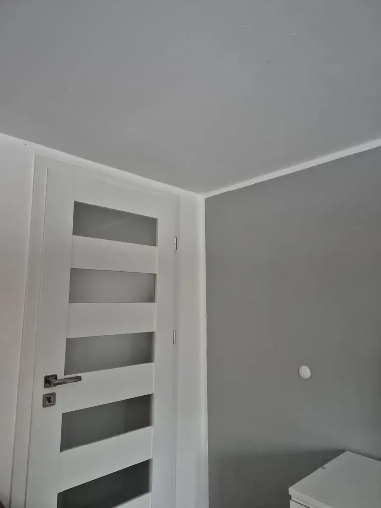 Frisch gestrichenes Zimmer mit grauer Wand, weißer Decke und weißer Zimmertür